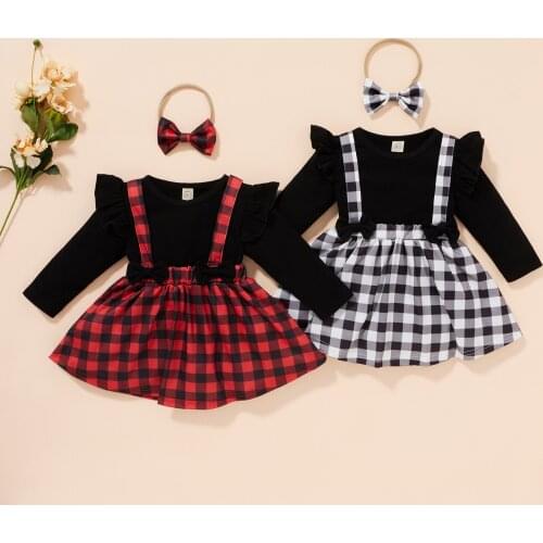 Newborn Baby Girls Clothes Infant Autumn Fall Set Cotton Long Sleeve Top Plaid Suspender Skirt Headband Cute Outfits Suit