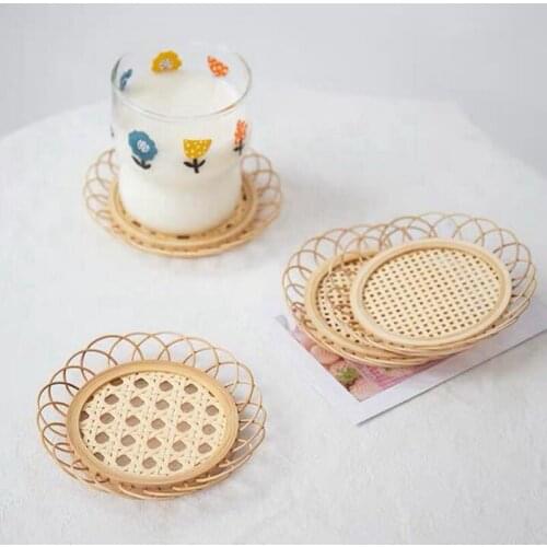 Woven Saucer Cup Mat Handmade Rattan Coaster Japanese Style Household Lace Placemat Kitchen Desktop Tea Trays