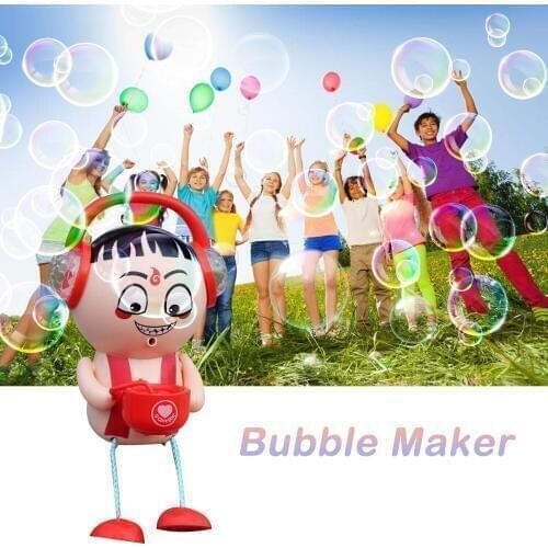 Portable Cute Nezha Electric Auto Bubble Maker Machine Blower Toy with LED Light Music for Children Kids Boys Girls Gift