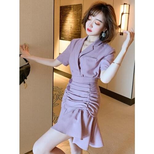 Top Quality Simple solid color suit top+Pleated Ruffle Skirt Suit for women in summer