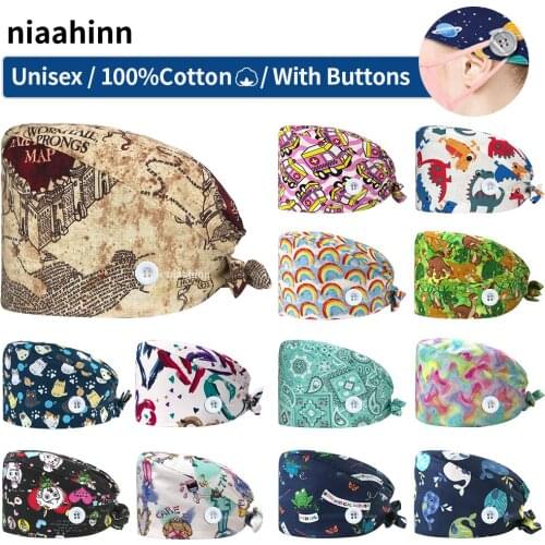 Adjustment Button Pet Clinic Scrubs Women Cap Cartoon Printed Medical Scrub Hat Veterinary pharmacy Working Hat Wholesale Prices