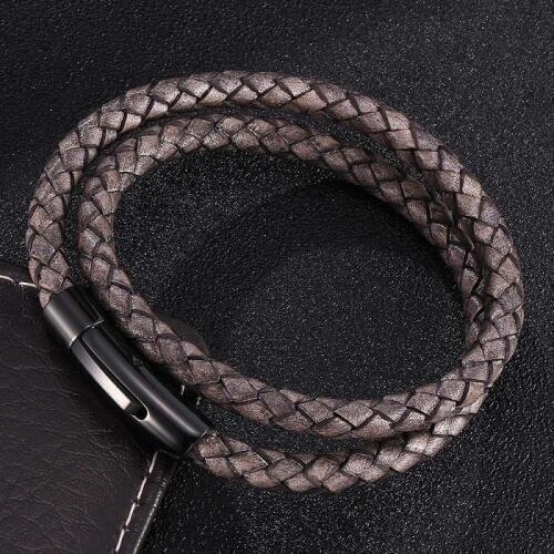 Retro Gray Double Layer Braided Leather Bracelet Men Women Stainless Steel Snaps Unisex Fashion Jewelry Accessories Gifts ST0487