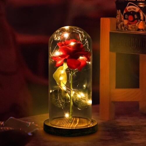 Nosii Led Light String Surround Beauty And The Beast Red Rose Petal Glass Dome Wood Base For Valentine Birthday Gift Table Decor