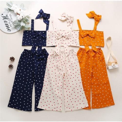 2-6Years Fashion Toddler Kids Girls Outfits Summer Girls Heart Print Bowknot Crop Tops+Long Pants+Headband Casual Clothes Sets