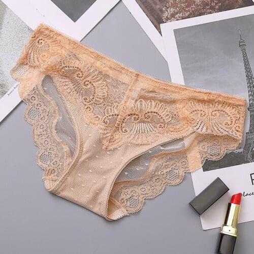 2XL Sexy Lace Flower Panties Womens Underwear Perspective Mesh Briefs Female Sexy Lingerie Breathable Comfy Underpants Thongs