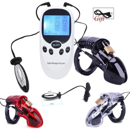 USB Charge Host Electric Shock Male Chastity Device Cock Cage Ball Stretcher,BDSM Bondage Penis Lock Ring,Anal Butt Plug Sex Toy