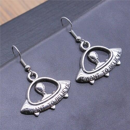 Vintage 2 Colors 23x30mm I Want To Believe Ufo Charms Drop Earrings Fashion Handmade Women Earring