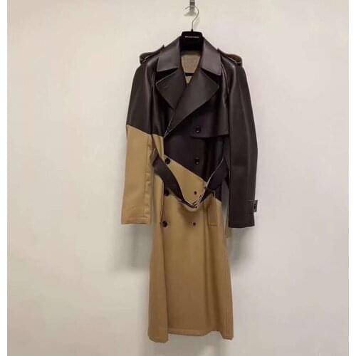 Spring Coat X-Long Women 2021 New Arrival Turn-Down Collar Genuine Leather Jacket Patchwork Cloth Fashion Clothes + FN006