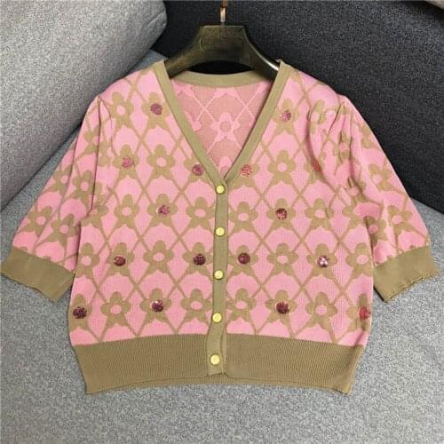 Small fragrance sequined flower knitted shirt women summer new vintage contrast color v-neck sweet short top