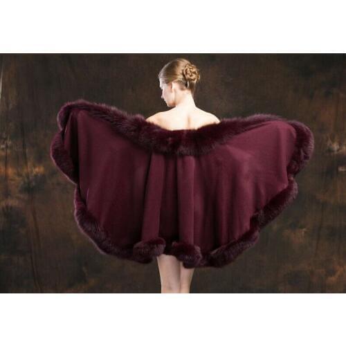 Ladys Genuine Real Cashmere Capes Genuine Fox Fur Shawl Wraps Coat Cloak Poncho