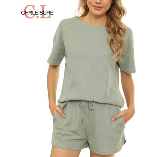 CHRLEISURE 2 Piece Set Women Summer Tracksuits Home Suit Leisure Outfits Cotton Oversized T-Shirts High Waist Shorts Solid