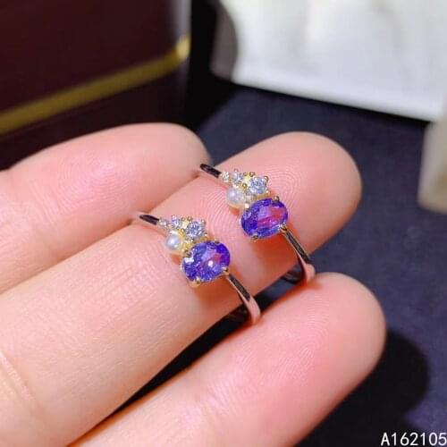 925 Pure Silver Chinese Style Natural Tanzanite Womens Luxury Trendy Pearl Two Color Adjustable Gem Ring Fine Jewelry Support D