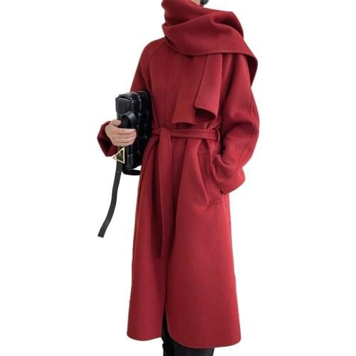 Women Autumn Winter 90% Cashmere Fashionable Coat Thickness Warm Woolen Coat Jackets Outwear With Belt + Scarf