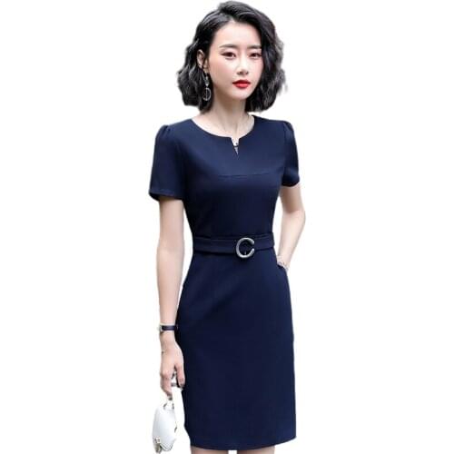 Summer Fashion Women Dresses Short Sleeve Office Ladies Dress Work Wear Clothes Navy Blue