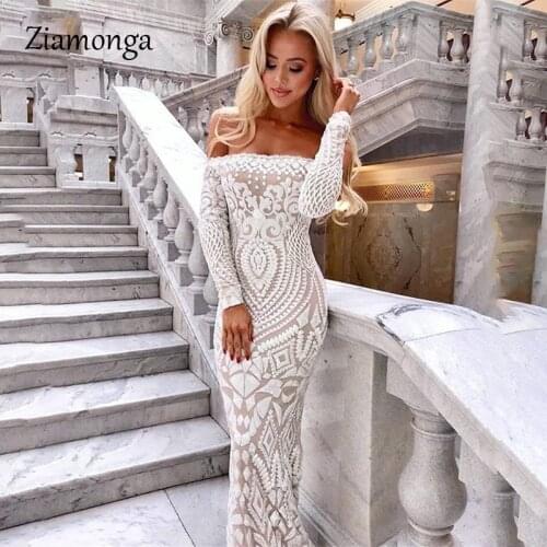 Ziamonga Off Shoulder Maxi White Long Dress 2020 Mesh Bodycon Sequin Dress Women Strapless Party Sexy Autumn Dress Vestidos