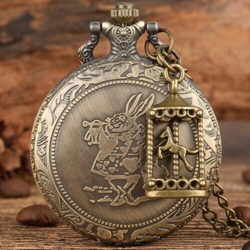 5 Types! Alice In Wonderland Cute Rabbit Quartz Pocket Watch Pendant Necklace Chain Clock Kids Gifts + Poker Carousel Accessory