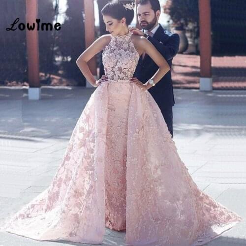 Arabic Pink Evening Dresses 3D Flower Two Pieces Party Gown Robe De Soiree Long Elegant Prom Dress Vestido De Festa Longo Dress