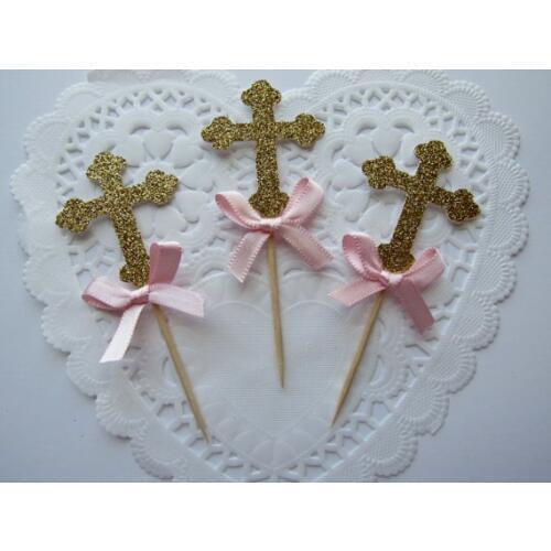 Glitter Gold and Pink Cross Baptism Communion Cupcake Toppers birthday bachelorette wedding baby bridal shower toothpicks