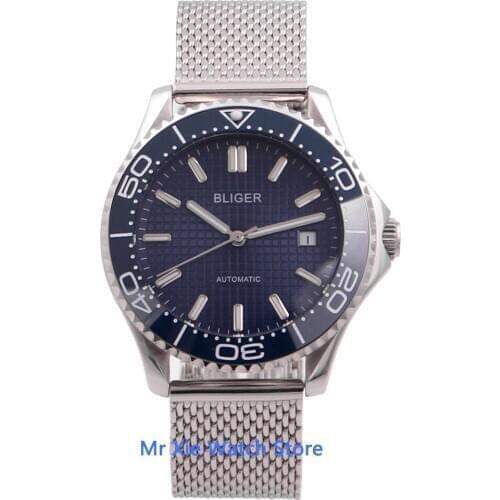 Bliger 41mm Blue Dial Miyota Automatic Mechanical Mens Watch Luminous Waterproof Military Calendar Clock Wristwatch Men