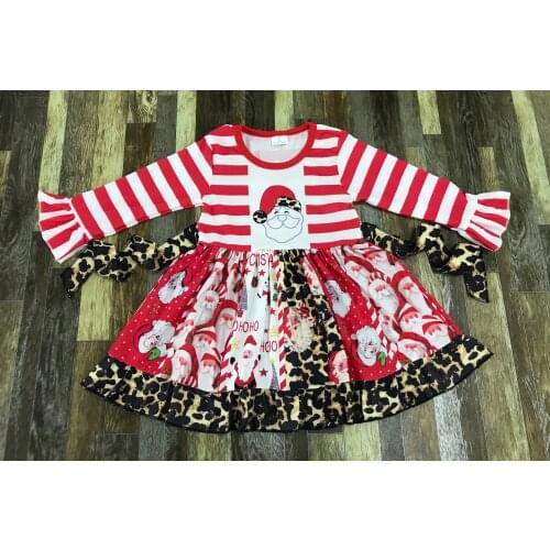 Childrens boutique clothes Christmas Santa Claus red stripe leopard lace long sleeve dress