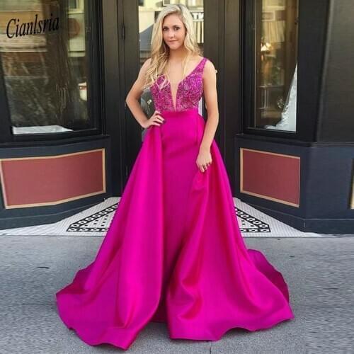 Fuchsia Deep V-Neck Long Evening Dress With Detachable Train Appliques Beading Backless Celebrity Formal Evening Party Dresses