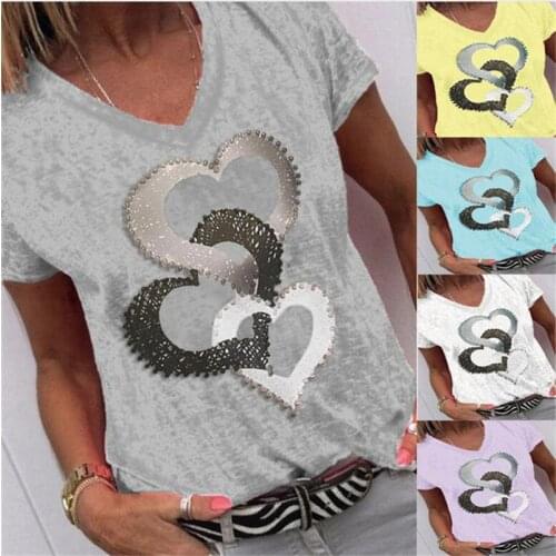 Summer Womens V Neck Soft Loose Short Sleeve T Shirt Beading Love Print Patchwork Casual Lady T Shirt 2021