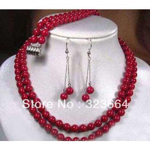 Hot Sell! 2 row Tibet red coral necklace earring bracelet set
