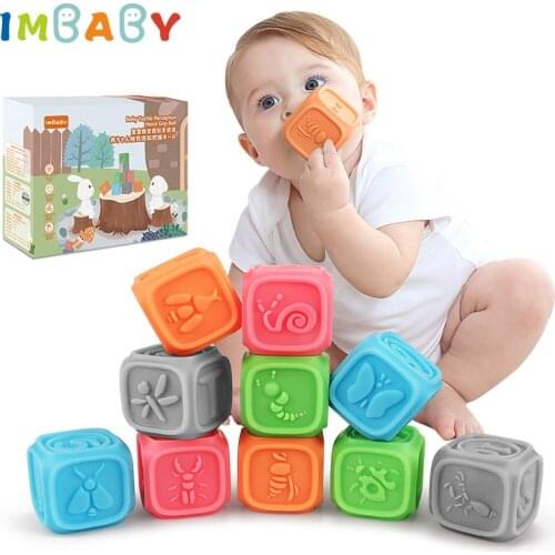 IMBABY 10pcs Bath Toy Float Water Squeeze Sound Toys For Bath Baby Kids Cognitive Building Blocks Rubber Bath Toys Bite Teether