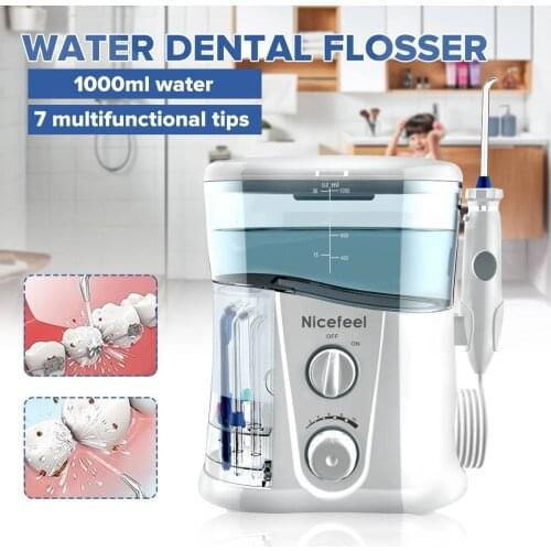 Nicefeel 1000ml Electric Oral Irrigator Teeth Cleaner Care Dental Flosser SPA Water Flosser with Adjustable Pressure+ 7 Pcs Jet