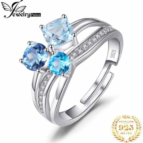 JewelryPalace Infinity 1.7ct Multi Color Genuine Gemstone Blue Topaz White Topaz 3 Stone Open Adjustable Ring 925 Sterling Silve