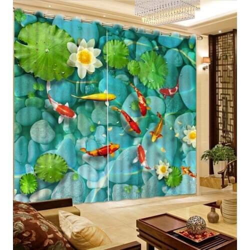 Beautiful Pebbles lotus lotus leaf fish Print 3D Blackout Curtains For Living room Bedding room Drapes Cotinas para sala