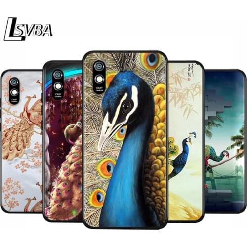 Anti-Fall Soft Black Cover Cute Peacock Feather For Xiaomi Redmi 10X 5G 9C 9A 9 K20 8A 8 7A 7 S2 6A 6 Matte Phone Case