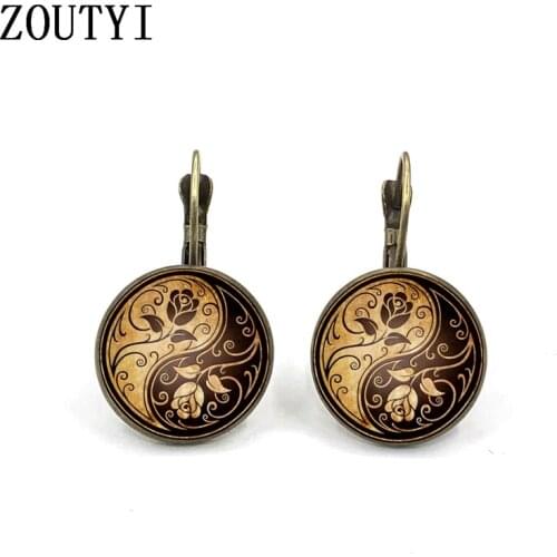 New/glamour fashion rose yin and yang taiji photo pattern, convex glass inlay earrings, feminine decoration