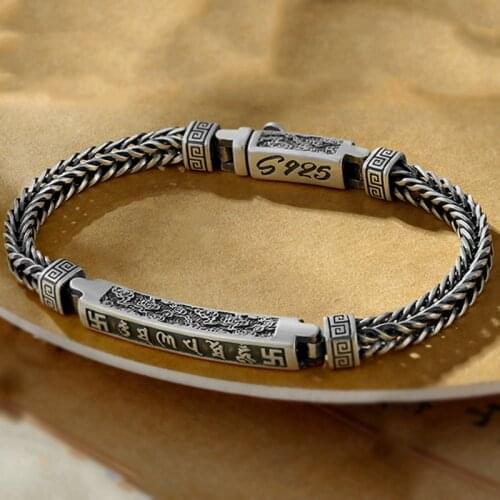 The New Back Pattern Six-character Mantra Mens Bracelet Silver Retro Couple Handmade Wild Personality Punk Jewelry Accessory