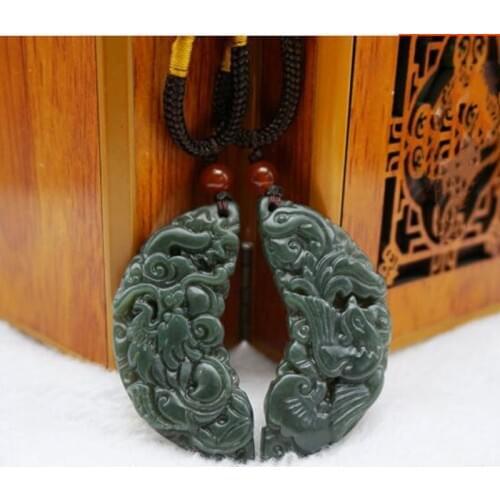 Natural Hetian Qingyu Dragon and Phoenix Couple Pendant Necklace Jewelry Fine Jewelry Dragon and Phoenix Pendant Necklace