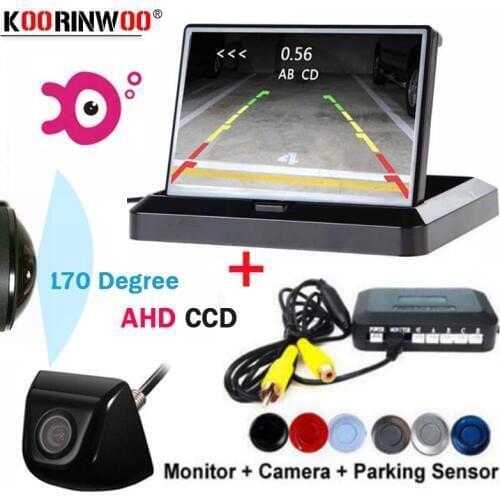 Koorinwoo AHD 170 Wide Angle Camera Metal Parktronic Parking Sensors 4 Buzzer Rear Display Monitor Car camera Car detector Black