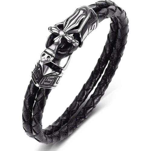 Black Red Braided Leather Bracelet Men Punk Jewelry Handmade Bangles Stainless Steel Cross Sword Male Leather Wrist Band P537