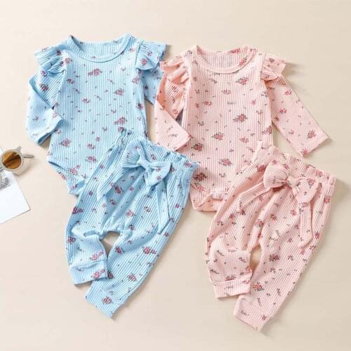 Princess Newborn Baby Girls Autumn Casual Clothes Pajamas Set Floral Printed Ruffle Romper+Elastic Waist Pants Toddler Outfits