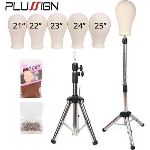 Plussign Wig Stand Tripod With Head & Pins Wig Making Tripod With Canvas Manneuqin Head 21-25 Inch Wig Block Head Silver Tripod
