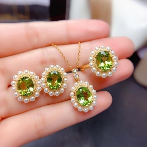 Natural and Real Peridot jewelry set 1pc Peridot ring 1pc Peridot pendant 1pair Peridot stud earring 925 sterling silver Set