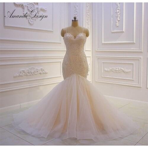 Amanda Design bride dress Spaghetti Straps Lace Appliques Pearls Mermaid Champagne 2019 Wedding Dress