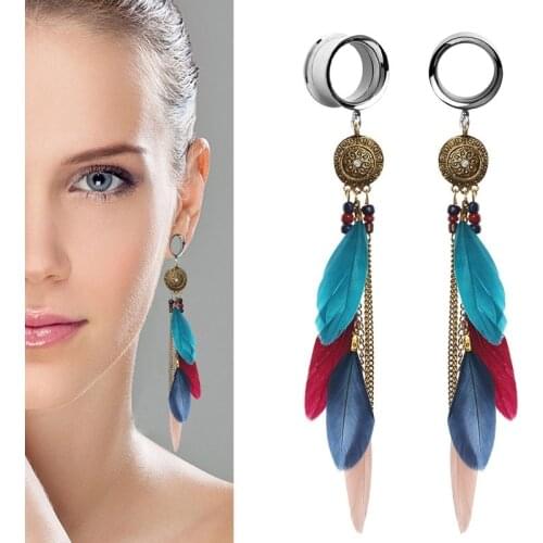 1Pair Bohemian Feather Dangle Ear Flesh Tunnel Plugs Ear Gauges Flesh Body Piercing Ear Reamer Extension Expansores Oreja 4-25mm