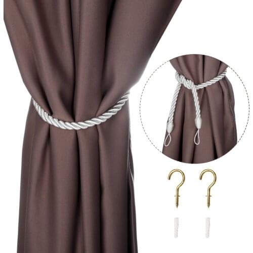 2Pcs 65cm Polyester Curtain Rope Tiebacks, Drapery Rope Holdbacks with Metal Screw Hooks Bedroom Living Room Curtain Decoration