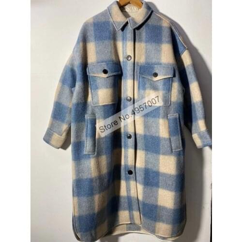 Ladies Wool Blend Contrast Plaid Long Sleeve Outerwear Coat Top