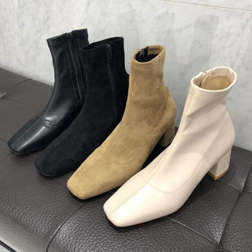 Autumn Winter Women zipper Square toe Boots Elastic suede woman short Boots cotton ankle boots womens botas mujer 2021 New Drop