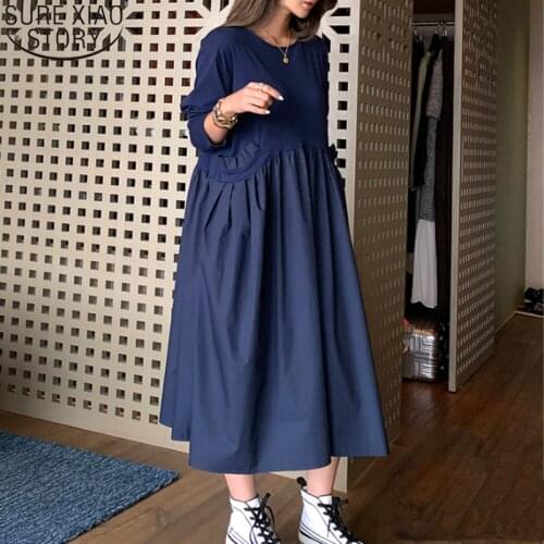 Women Cotton Dresses Plus Size Dress XL-5XL 2021 Autumn Round Neck Long Sleeve Pocket Fake Two-piece Loose Dress Robe 13345