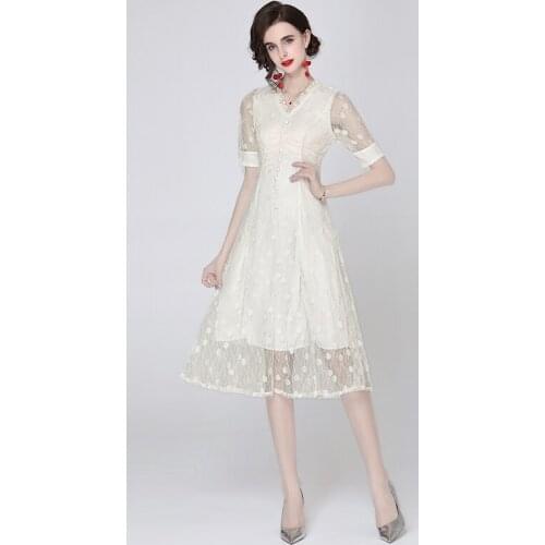 2021 New Women Dreesses Office Lady Lace A-LINE Mid-Calf Women Dresses V-Neck White Vintage Elegant Party Women Summer Dresses