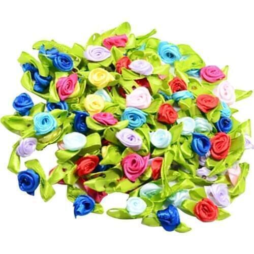 100 Pieces 15mm/0.59'' Flower Satin Ribbon Rose Buds Leaf Wedding Home Decor DIY Hairband Bow Sewing Crafts