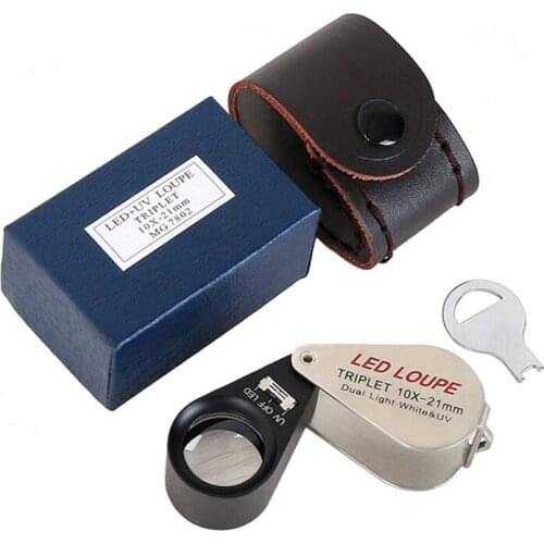 10X Foldable Jewelry Magnifier 6 LED Metal Magnifying Glass 7 UV Money Detector Lamp Optical Glass Lens Antique Loupe