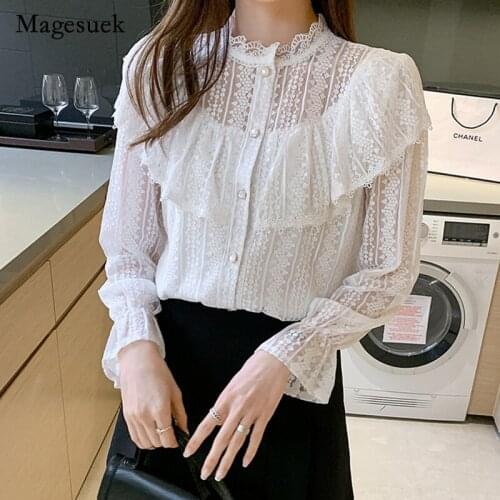 Spring Ruffle Stitching Womens Tops Korean Women Blouse New Long Sleeve Elegant Fashion Lace Stand Collar Loose Shirt 13856